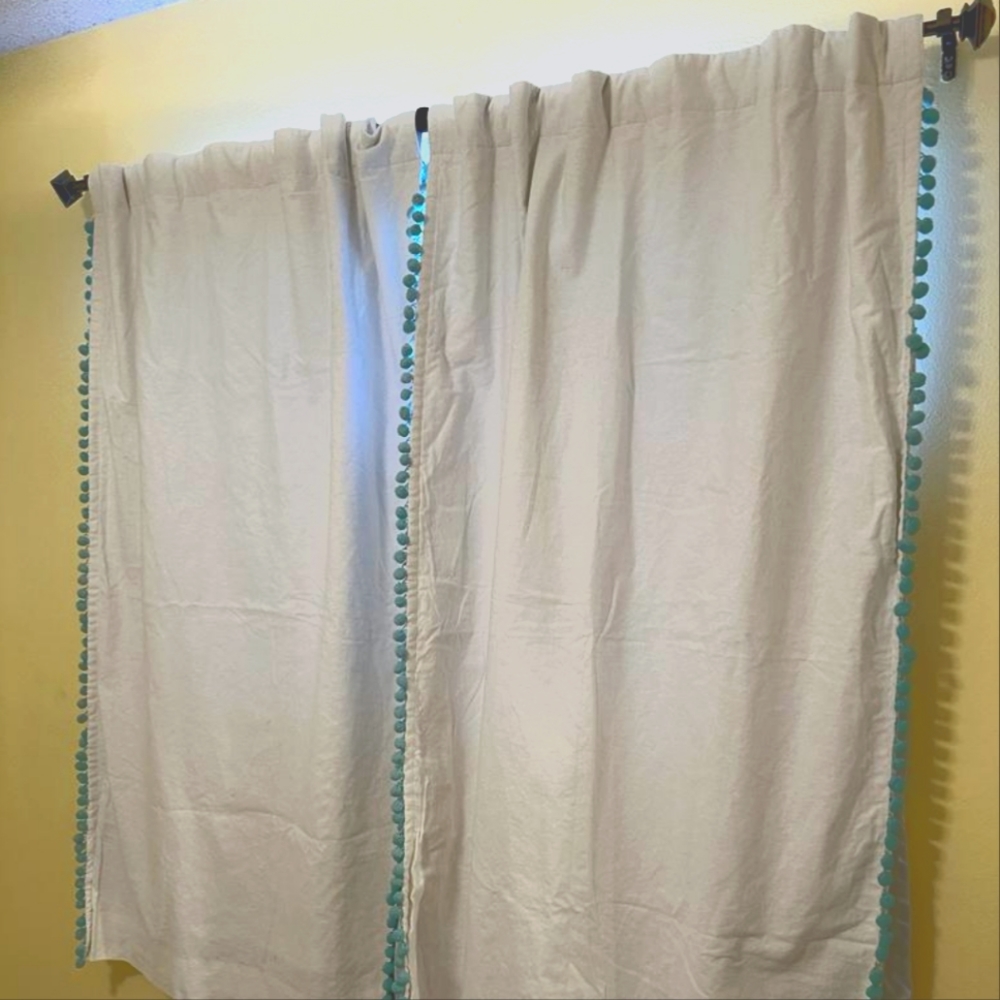 Pottery Barn Teen Blackout Curtains Set, Teal Pom-Pom, 4 panels, 44"×63"